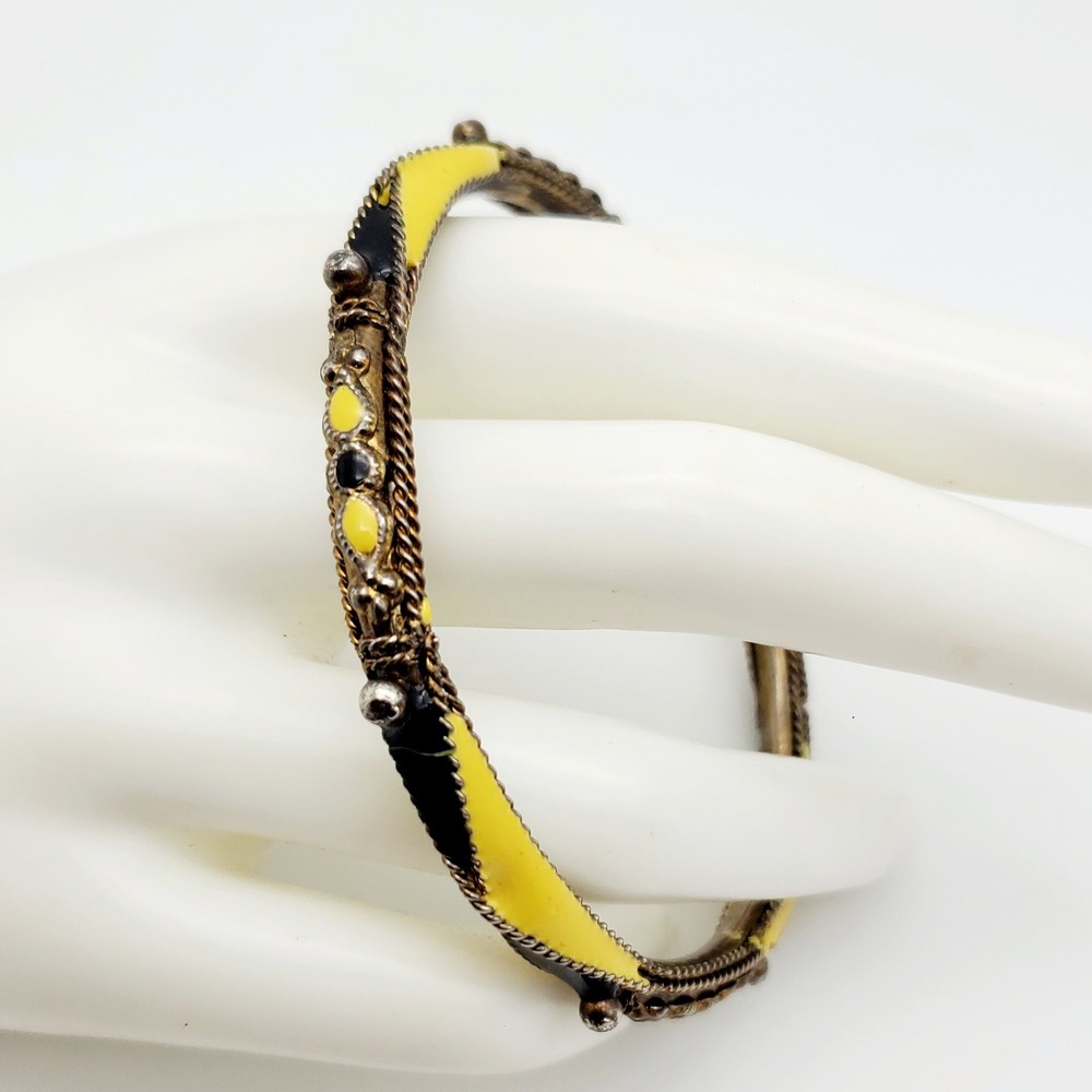 Vintage Bangle Bracelet Black Yellow Enamel Harlequin Diamond Pattern Geometric